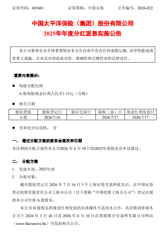 中国太保：将于7月17日实施2025年年度分红派息
